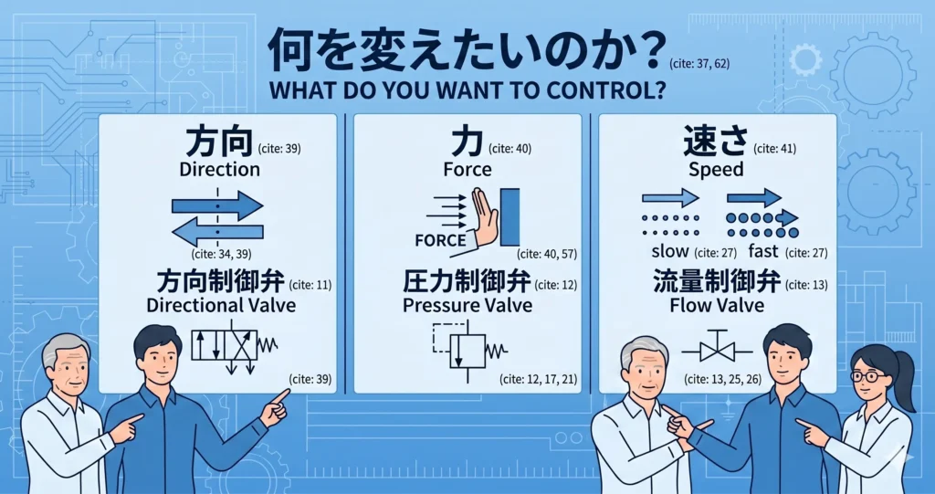 油圧電磁弁の「方向」「圧力(力)」「流量(速さ)」の違いを一発で理解するコツをまとめた、インフォグラフィック形式の図解イラスト。
