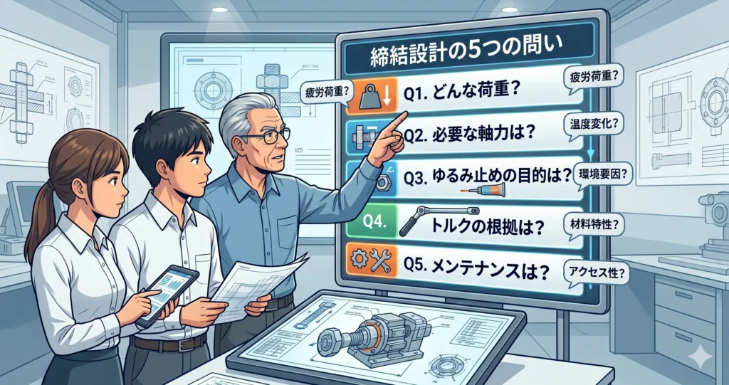 締結設計の実务思考プロセス。5つの問い（荷重、軸力、ゆるみ止め、トルク根拠、メンテナンス）を確認する設計者たちのイラスト。製図台の上で「Why思考」を実践している。