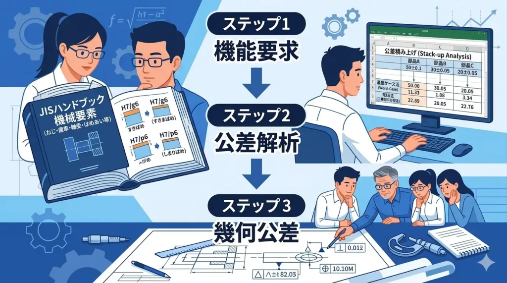 公差設計を正しく行うための、JIS規格によるはめあいの決定、公差積み上げ解析（スタックアップ解析）、幾何公差（GD&T）の適切な指示という3ステップのアプローチを示す図解イラスト。3人の設計者が各ステップを実行している。