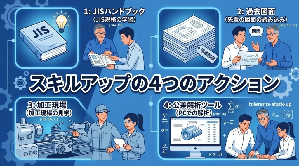 初心者設計者が公差設計を学ぶための具体的な4つのアクション（JISハンドブック活用、過去図面の読み込み、加工現場見学、公差解析ツール活用）をまとめた図解イラスト。image_0.pngと同じキャラクターが前向きに取り組んでいる。