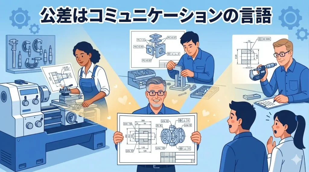 公差設計の本質である、加工者、組立者、検査者への「思いやり」を、図面を通じて伝えている様子を描いたイラスト。ベテラン設計者が図面を渡し、若手2人が学んでいる。image_0.pngと同じキャラクターが登場。