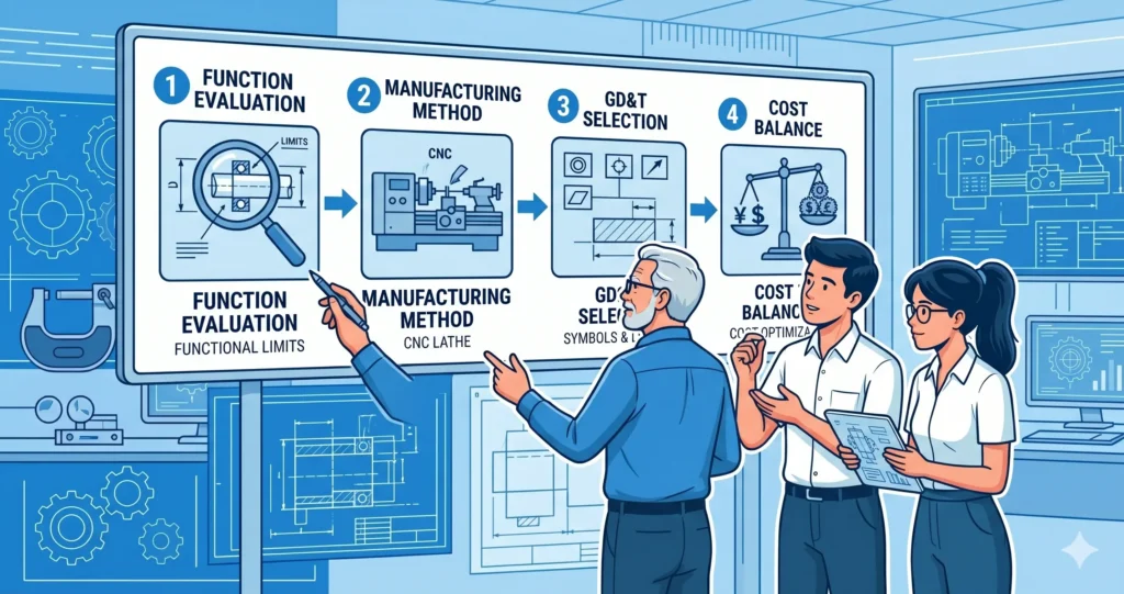 公差設定の4ステップ思考プロセスを示すフロー図。機能評価、工法確認、公差種類選択、コストバランスの流れを視覚化したイメージ。