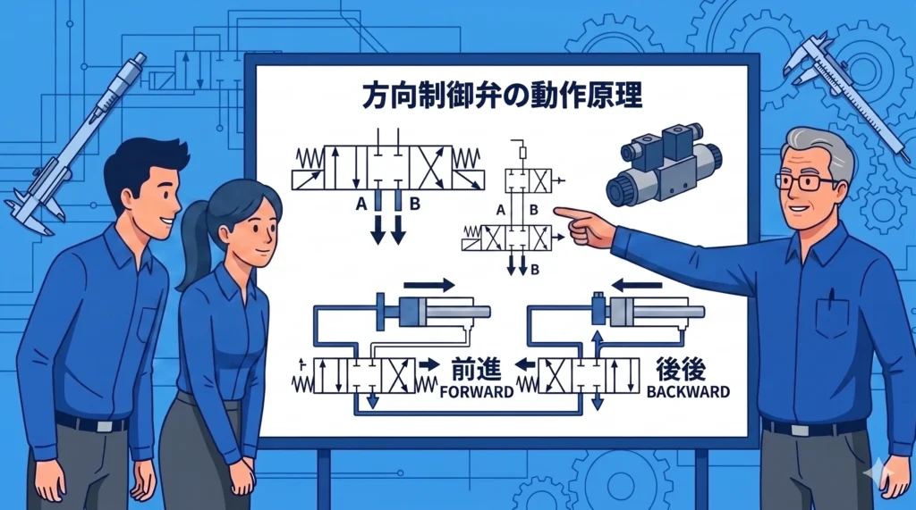 最も一般的な「電磁弁」である方向制御弁(切換弁)が、油圧シリンダーの「動きの方向(前進・後退)」を切り替える仕組みを示すイラスト。