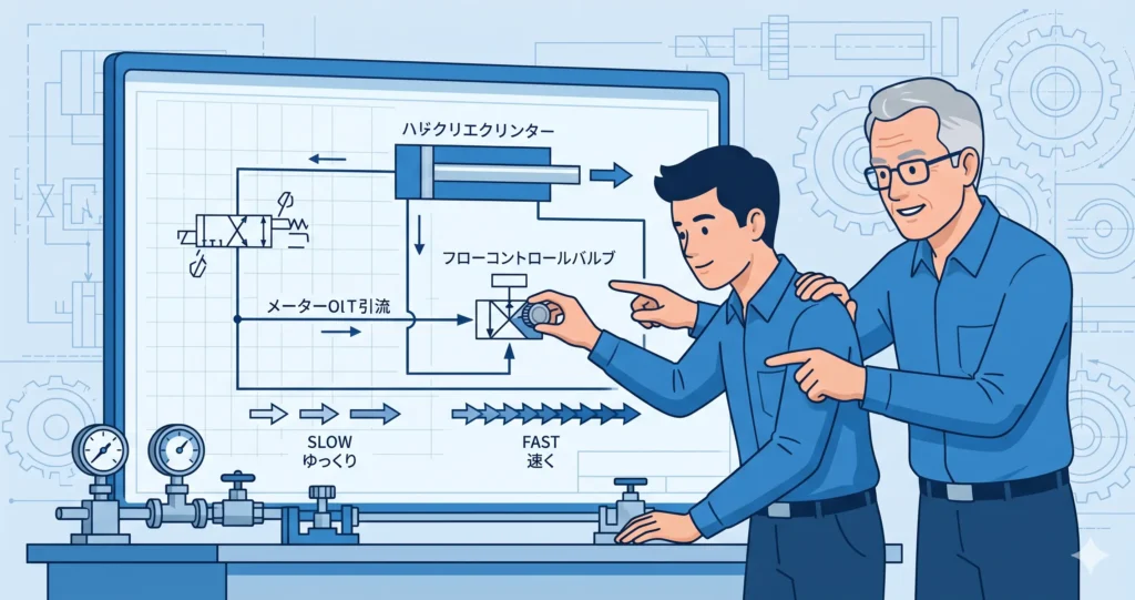 油圧シリンダーの動作「速度」を制御する流量制御電磁弁(フローコントロールバルブ)の仕組みと、メータリング回路(流量調整)を説明するイラスト。