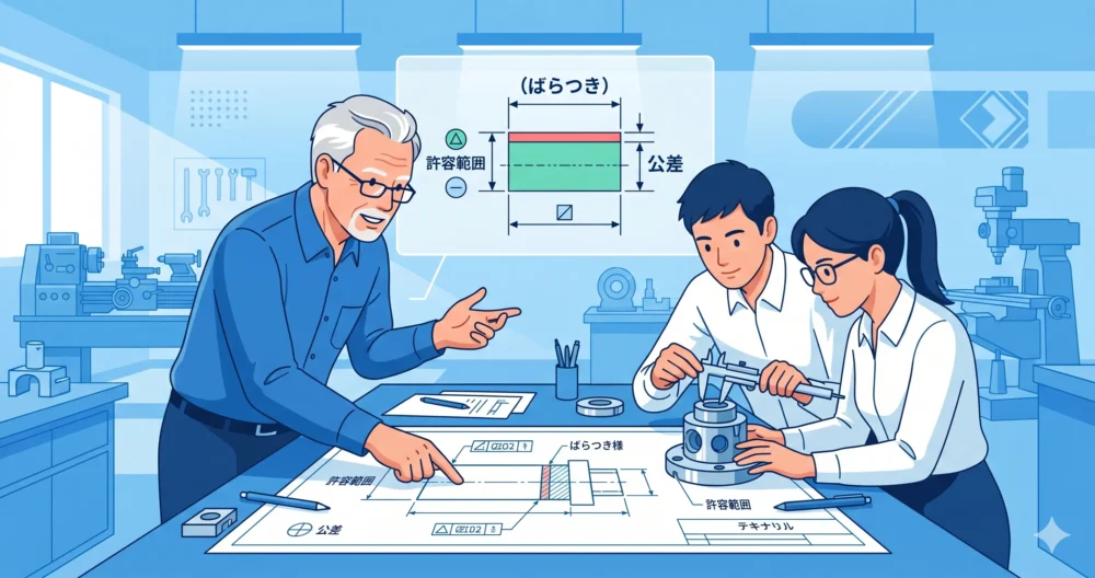 幾何公差と寸法公差の基本である「公差（ばらつき）」を図面とノギスで学ぶ設計者たちのイラスト