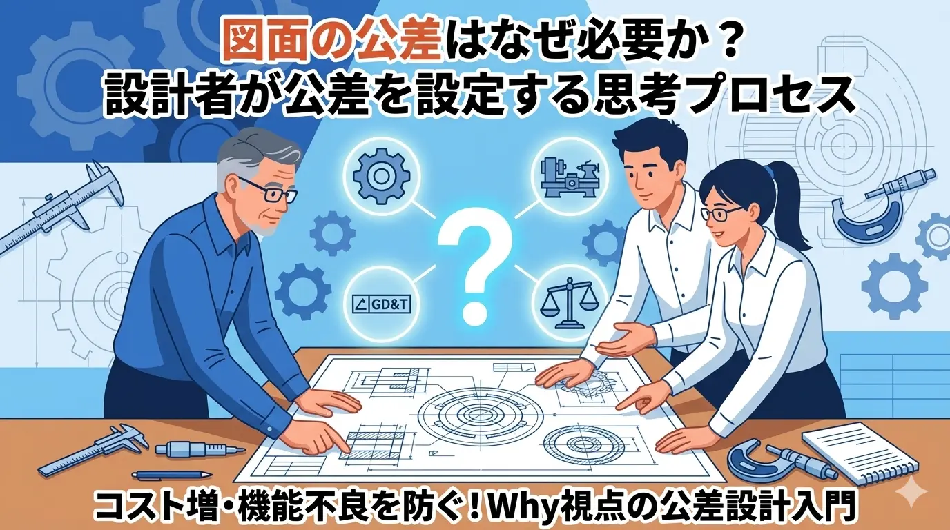 図面の公差はなぜ必要か？設計者が公差を設定する思考プロセスを解説するブログ記事のアイキャッチ画像。3人の設計者が図面を囲んで議論するイラスト。