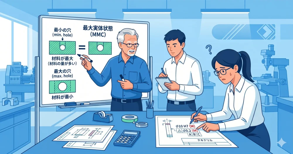 最大実体状態（MMS）やボーナス公差など、MMC（最大実体公差）が難しい原因を図解で解説する様子