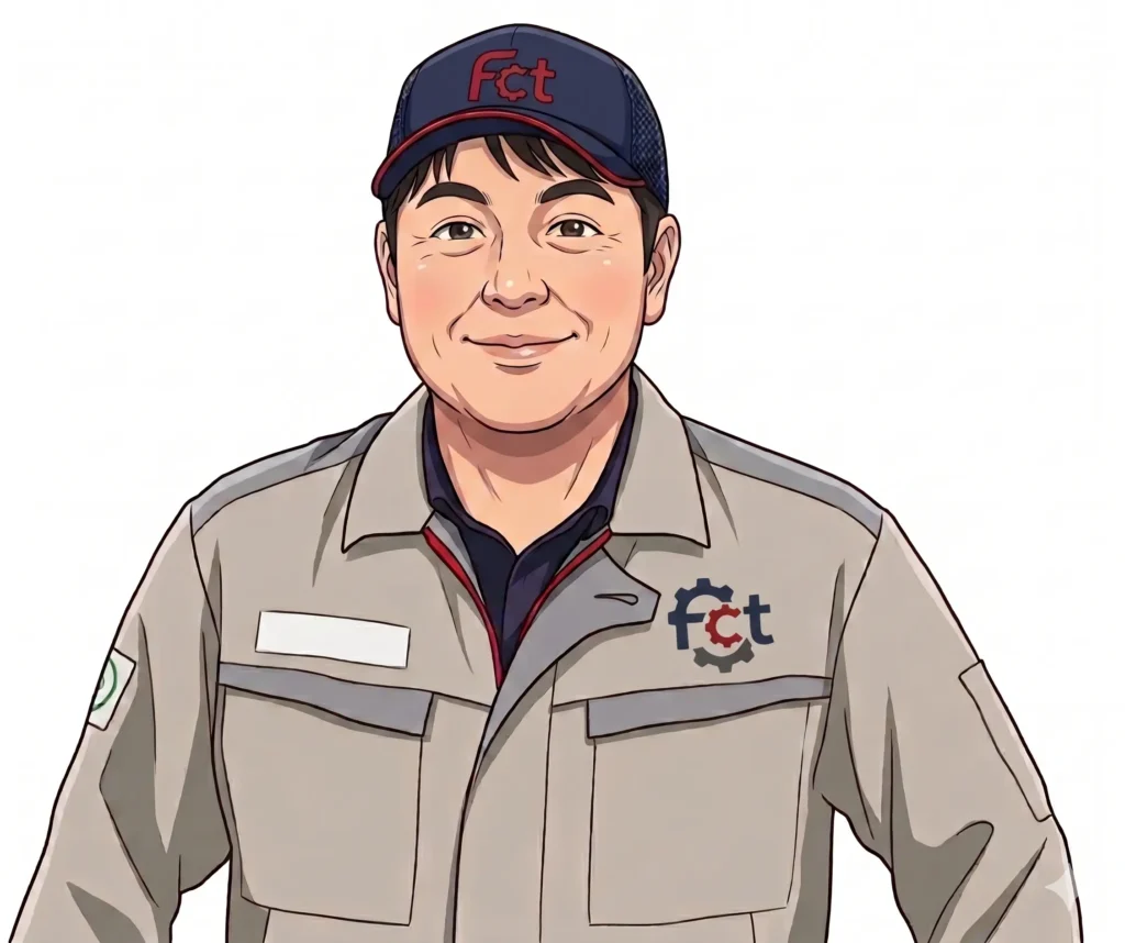 投稿者「ユウタン」の似顔絵。作業帽、作業服を着た男性の画像