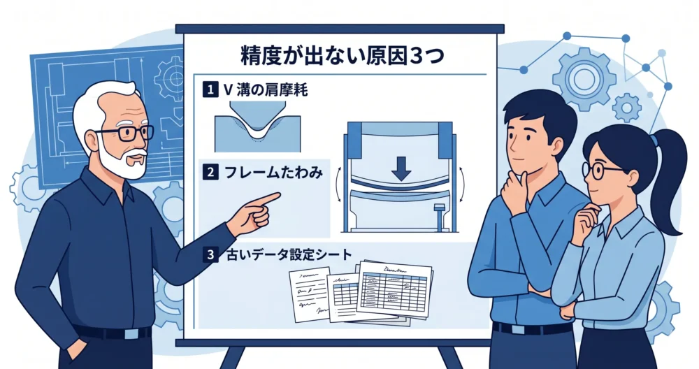 ベンダー曲げ加工で精度が出ない3つの原因（V溝の摩耗、機械フレームのたわみ、古い加工条件）を分析するエンジニアチーム