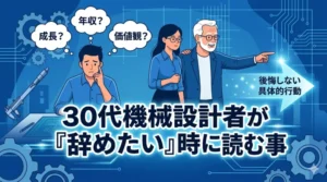 「30代機械設計者が『辞めたい』時に読む記事」という和文タイトルが大きく中央に配置されたアイキャッチ画像。悩むエンジニアと、彼を導くベテランエンジニア、女性エンジニアが背景の技術的なイラストとともに描かれているフラットイラスト。