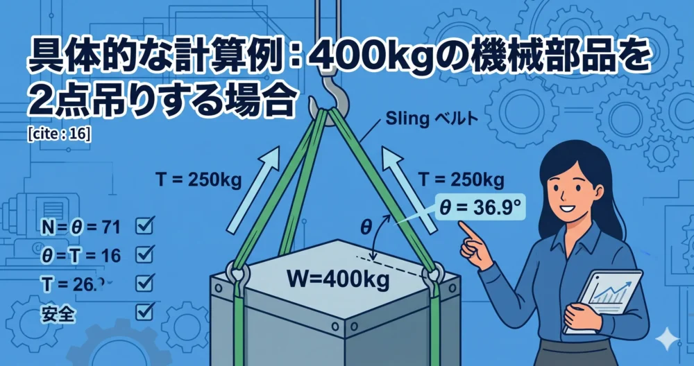 400kgの機械部品を2点吊りする際の吊り角度（36.9度）と各ベルトへの荷重（250kg）の計算図解イラスト