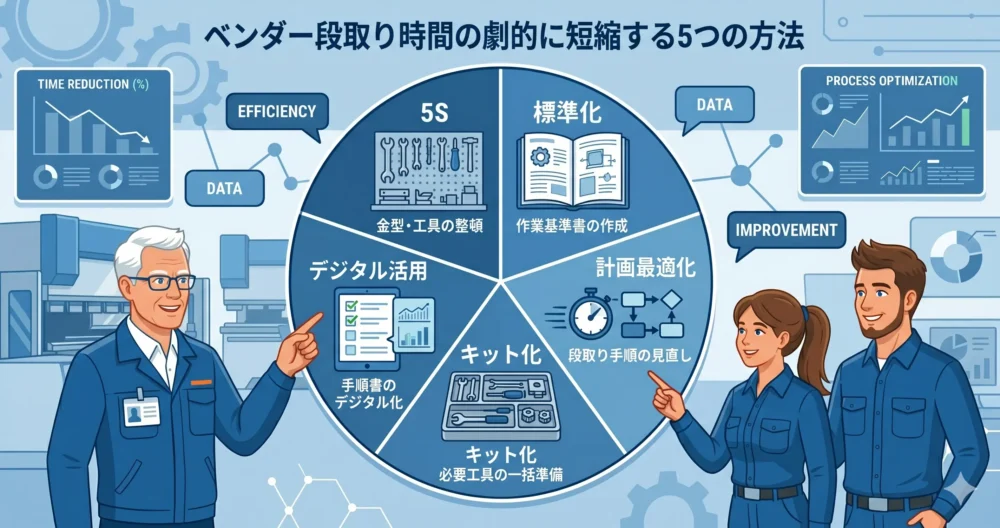 ベンダーの段取り時間を短縮するための5つの解決アプローチ（5S、標準化、計画、キット化、デジタル活用）を示す図解イラスト。