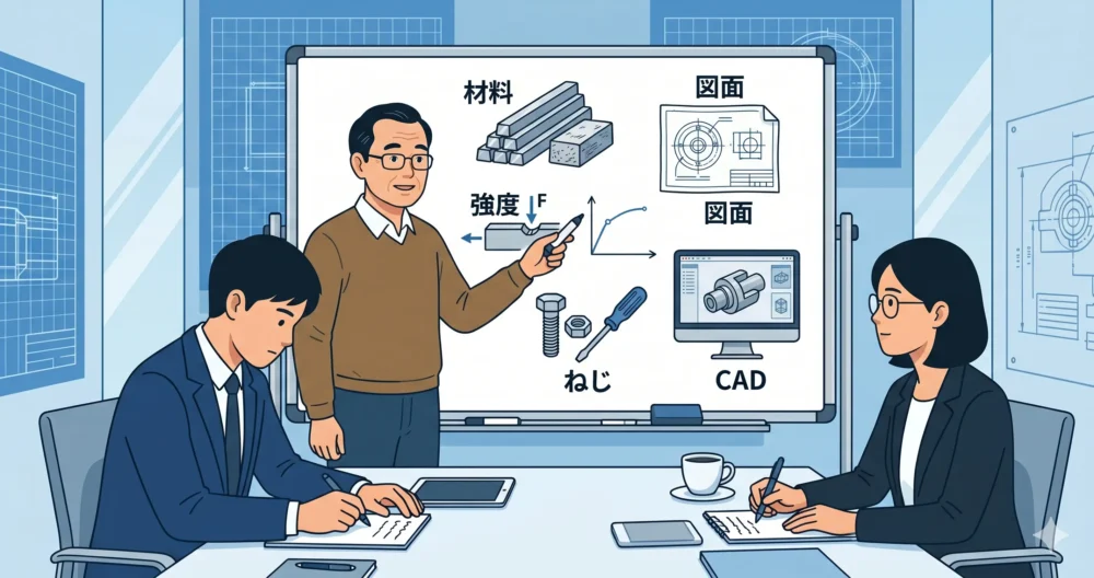 ホワイトボードで5つの基礎（材料・図面・強度・ねじ・CAD）を解説するベテラン設計者と、それを聞く若手設計者のチームイラスト。image_1.pngのテイスト。