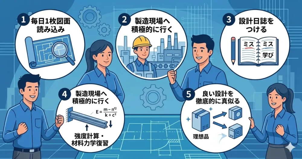 機械設計者が自信をつけるための5つの実践法を解説する図解。