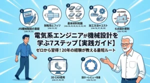 電気系エンジニアがゼロから機械設計を習得するための7つのステップを解説するアイキャッチ画像。