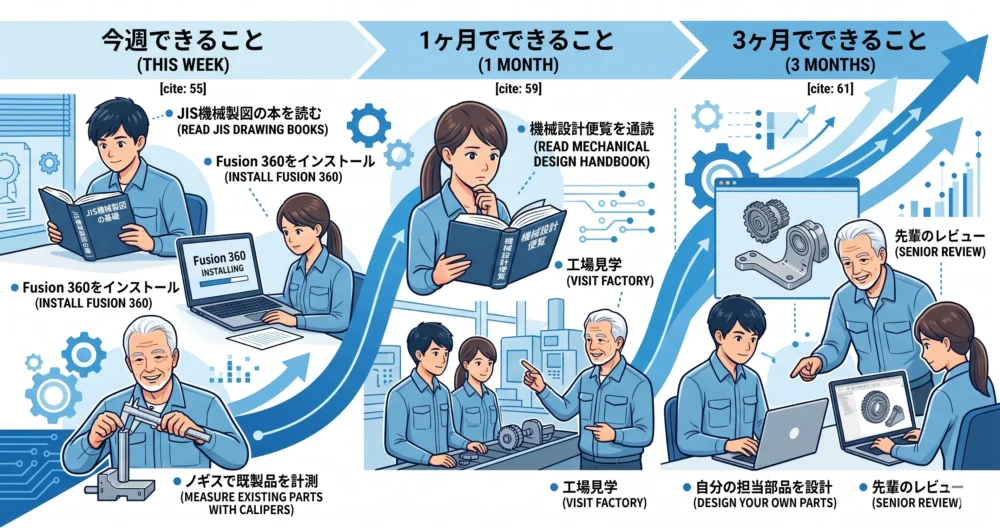 電気系エンジニアが機械設計を習得するための具体的アクション（今週、1ヶ月、3ヶ月）を表現したタイムライン風イラスト。JIS製図、Fusion 360インストール、ノギス計測、機械設計便覧通読、工場見学、自担当部品設計、先輩レビューの様子。
