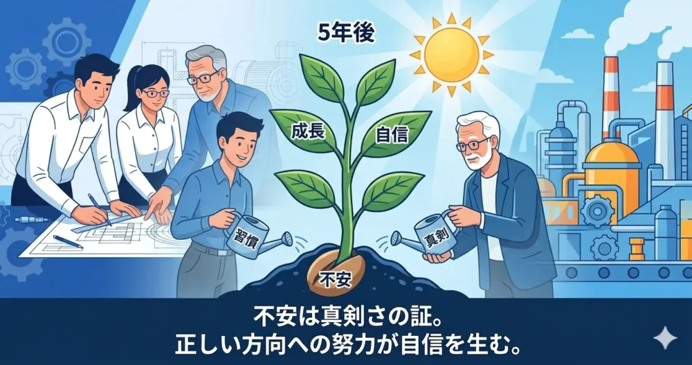 不安を真剣さの証と捉え、正しい方向への努力が自信を生むことを示すまとめの図解。
