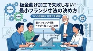 板金曲げ加工の最小フランジ寸法の計算式「Vダイ幅÷2＋板厚」をホワイトボードで解説するベテラン技術者と、熱心に学ぶ若手設計者たちのわかりやすいイラスト