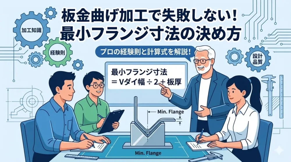 板金曲げ加工の最小フランジ寸法の計算式「Vダイ幅÷2＋板厚」をホワイトボードで解説するベテラン技術者と、熱心に学ぶ若手設計者たちのわかりやすいイラスト