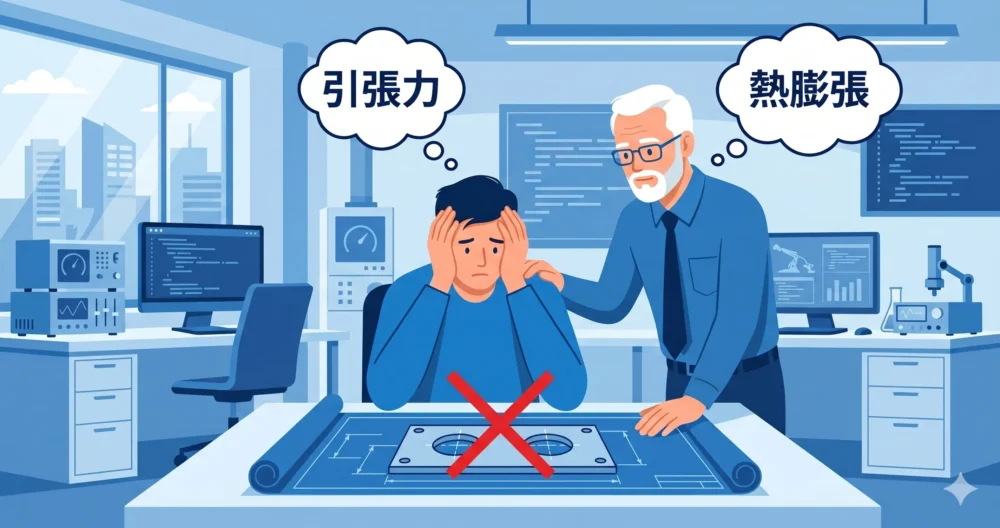 ノックピン設計で初心者が陥りやすい失敗（熱膨張による組み立て不良など）に悩む若手エンジニア