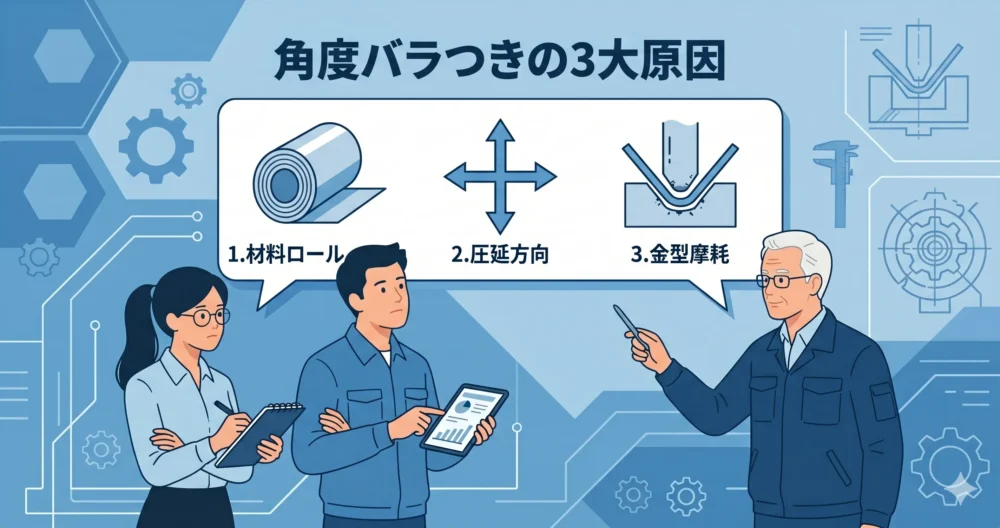板金曲げで角度がバラつく3つの原因（材料ロット・圧延方向・金型の摩耗）をアイコンで分析する機械設計者たちのイラスト