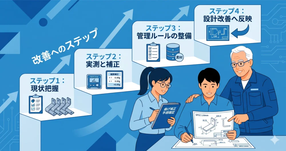 板金曲げの品質改善に向けたアクションプランのステップを一つずつ確認し実行していく設計チームのイラスト