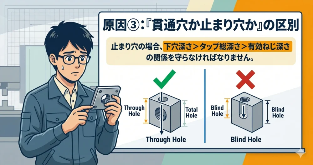 図面から「貫通穴（通し穴）」なのか「止まり穴」なのかが判別しづらく、間違った形状で部品が届いてしまうトラブルをイメージしたイラスト。