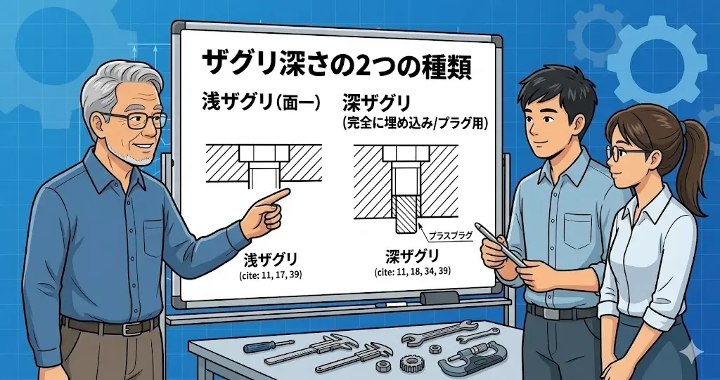 六角穴付きボルトの浅ザグリと深ザグリの違い、およびそれぞれの設計目的（面一とプラグ埋め込み）をホワイトボードで図解するシニアエンジニアと若手設計者。