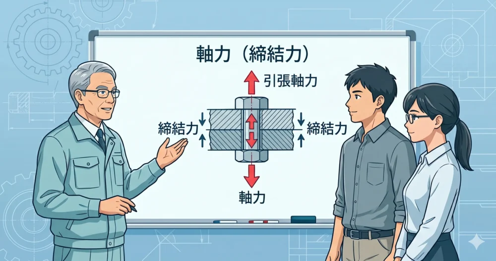 機械設計におけるボルト締結の軸力（クランプ力）の重要性をホワイトボードで解説するベテラン設計者と若手エンジニアのイラスト