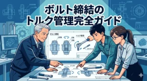 「ボルト締結のトルク管理完全ガイド」というタイトル文字が入った、図面を囲んで議論する3人の設計者のアイキャッチイラスト