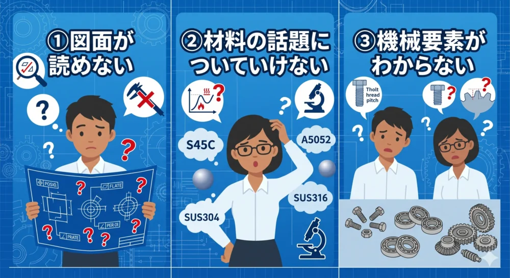 文系技術営業が最初につまずく3つの原因（図面が読めない、材料の話題、機械要素がわからない）を解説するインフォグラフィック図解。
