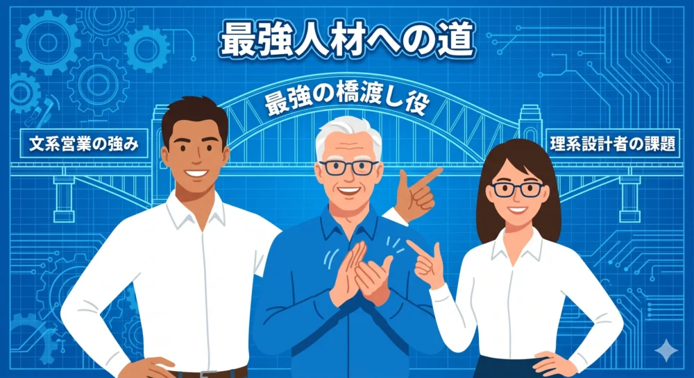 顧客と設計者の最強の架け橋となり、自信に満ちて成長した文系技術営業（Aさん、Bさん）とエンジニア（Cさん）。