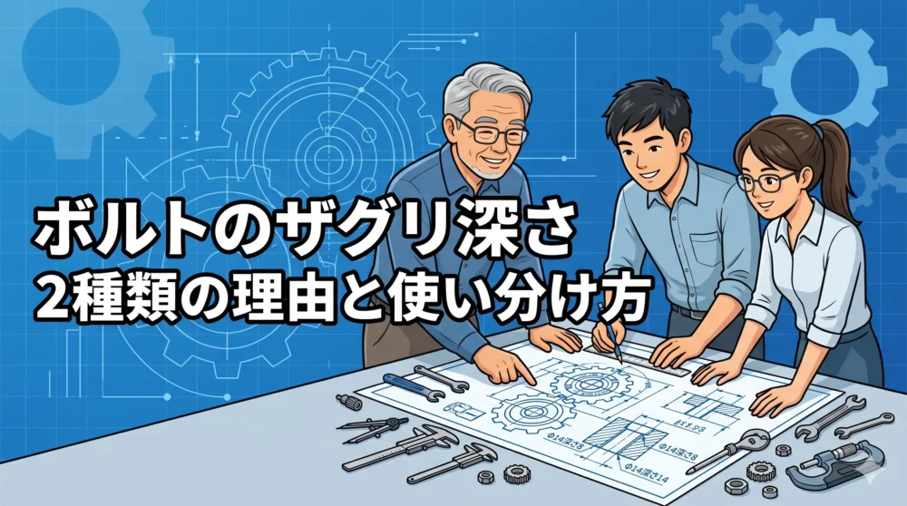 ボルトのザグリ深さに2種類ある理由と正しい使い分け方を解説するブログ記事のアイキャッチ画像（シニアエンジニアと若手設計者、図面のイラスト）。