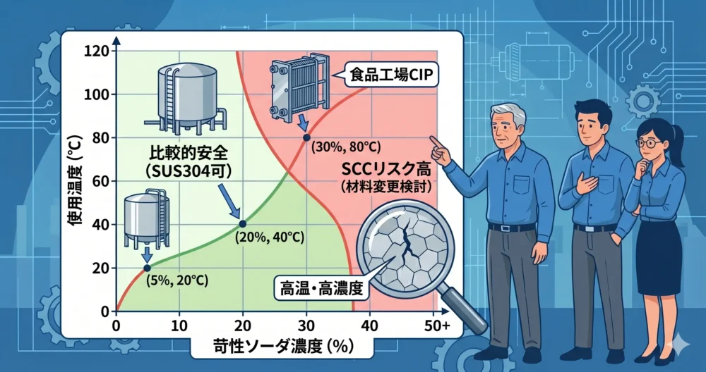 苛性ソーダの濃度と温度の組み合わせによるSUS304の応力腐食割れ（SCC）リスクの変化を図解した画像。安全圏と危険圏を明示。