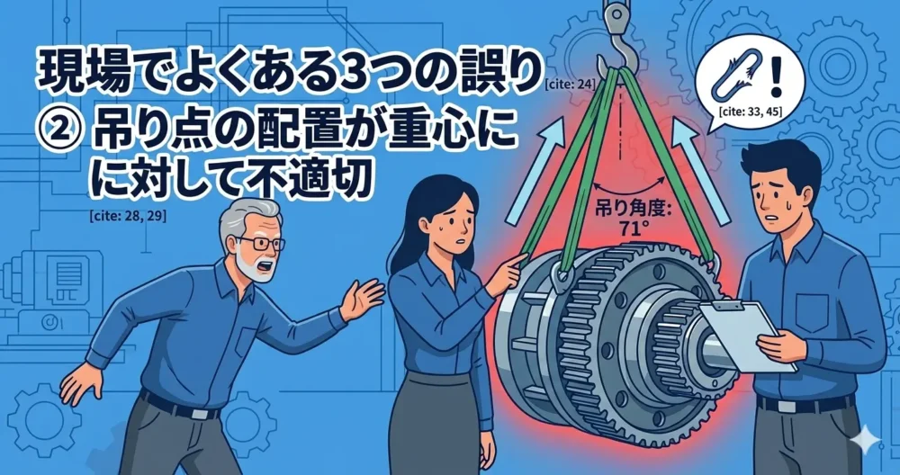 工場の現場でスリングベルトの合計耐荷重だけで判断してしまい、過負荷でベルトがきしむトラブルを経験する作業者たち
