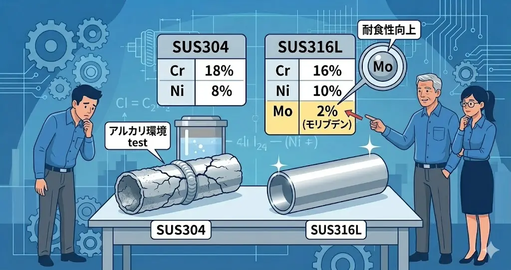 SUS304とSUS316Lの成分の違い（モリブデン含有量）と、それによる耐食性の差を図解した画像。アルカリ環境での優位性を示す。