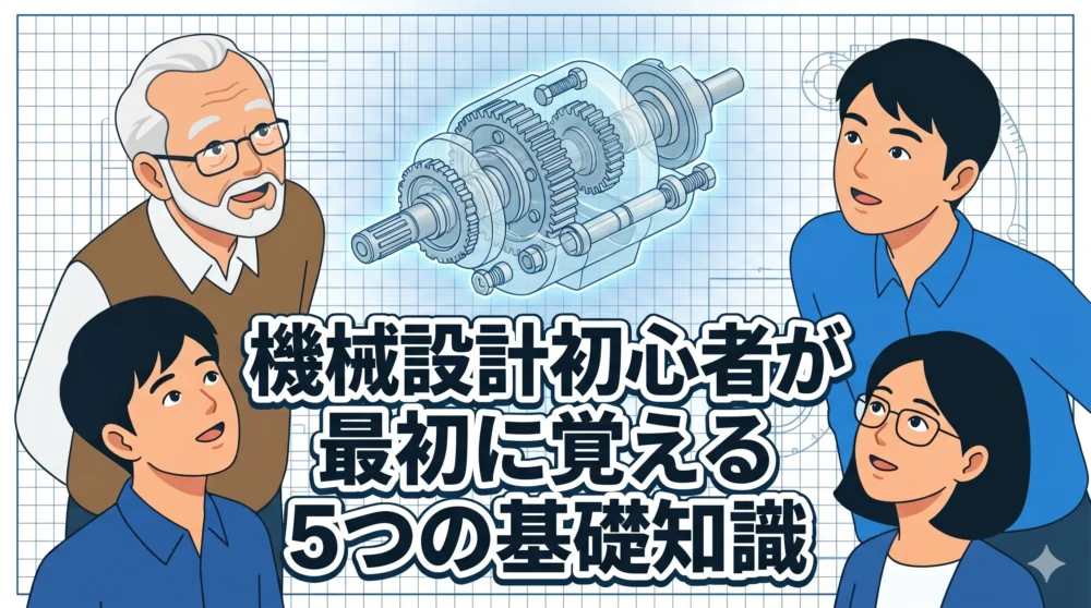 「機械設計初心者が最初に覚える5つの基礎知識」というタイトルが入った、3人のアジア系設計者が協力して設計を行う目を引くアイキャッチ画像。