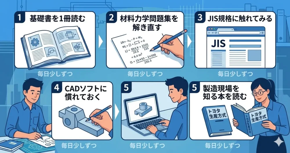 機械設計者として就職する前にできる5つの具体的なアクションを示す図解。