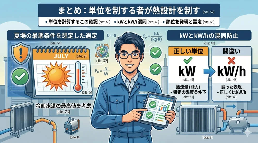 計算式や単位換算をマスターし、自信を持って熱交換器の設計・選定を行うエンジニアの成長を描いたイラスト。