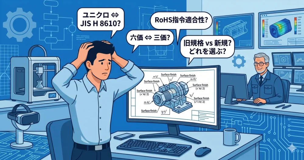 現場用語と正式規格の名称の違いに困惑する若手設計者のイラスト。