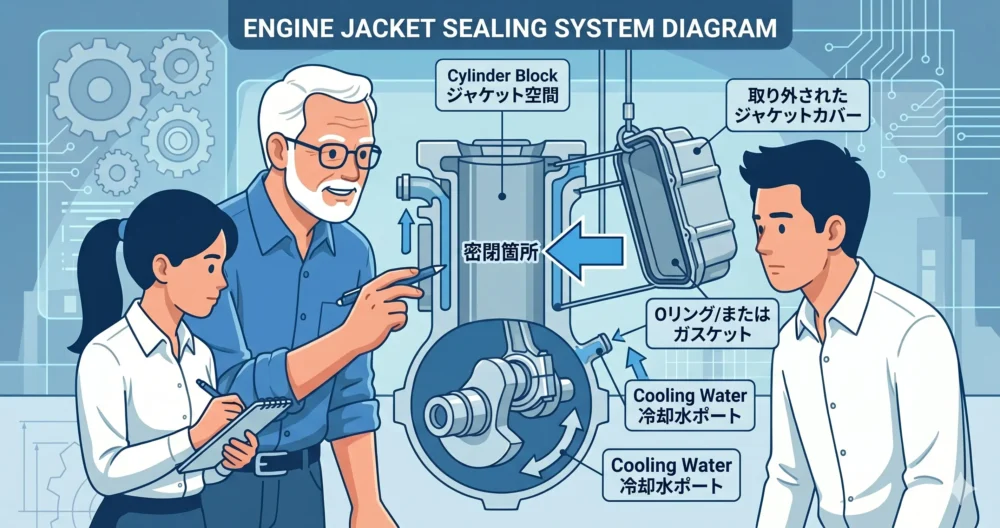 シリンダージャケットカバーの役割。シリンダー本体からジャケットカバーが取り外された図で、ジャケット空間とカバーによる密閉の仕組みを示すイラスト 。