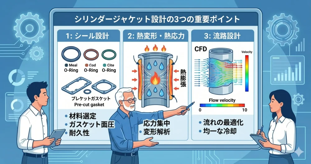 シリンダージャケット設計の3つの重要ポイント。シール設計(ガスケット、Oリング)、熱変形と熱応力の考慮(材料の膨張)、流路設計(冷却効率の最適化)をアイコンで示すイラスト 。