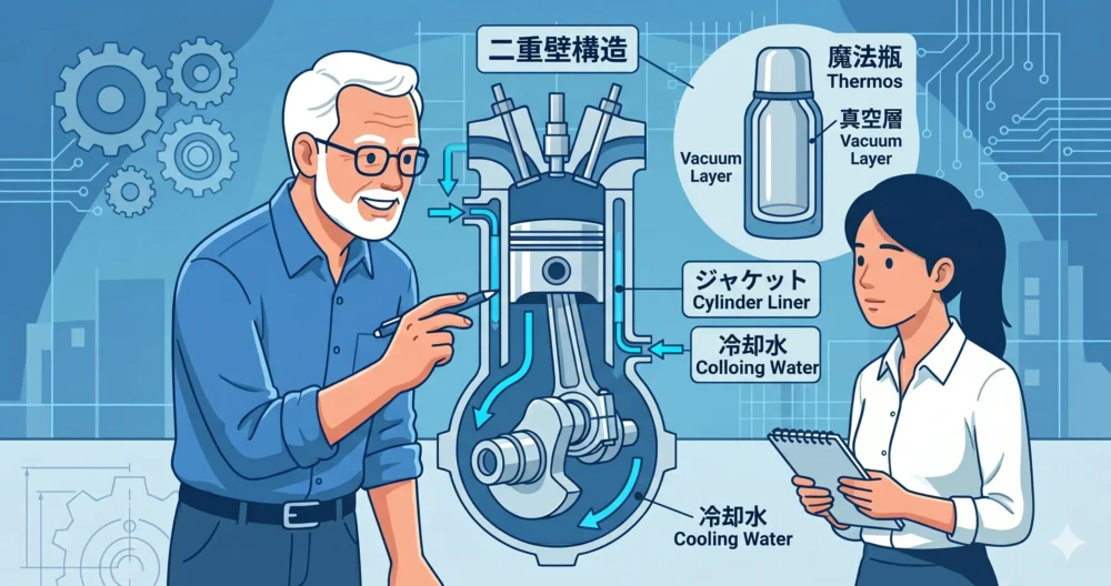 シリンダージャケットの構造。シリンダー内壁と外壁の間の空洞(ジャケット)を冷却水が流れる様子と、魔法瓶の断熱構造との比較を示すイラスト 。