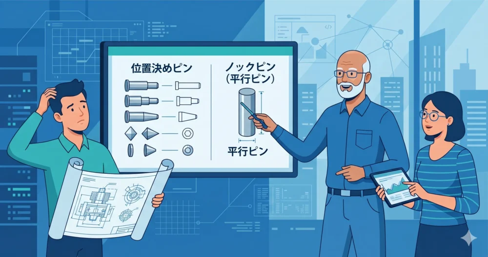 広義の位置決めピンとJIS規格のノックピン（平行ピン）の違いを比較する図解と設計者