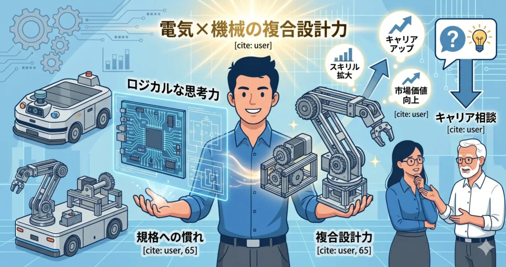 電気と機械の両方の強みを持ち、複合設計を行うエンジニアのイラスト。キャリアの可能性が広がる様子を表現。