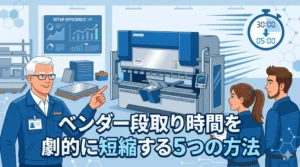ブログ記事「ベンダー段取り時間を劇的に短縮する5つの方法」のアイキャッチ画像。熟練設計者と若手が協力して現場改善に取り組む様子を描いたイラスト。