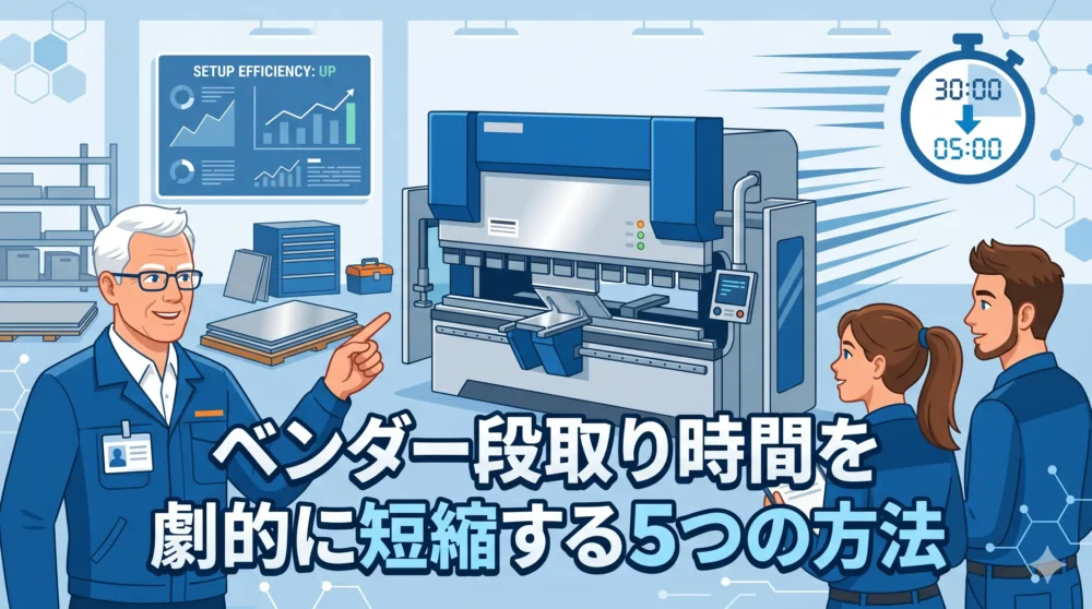 ブログ記事「ベンダー段取り時間を劇的に短縮する5つの方法」のアイキャッチ画像。熟練設計者と若手が協力して現場改善に取り組む様子を描いたイラスト。