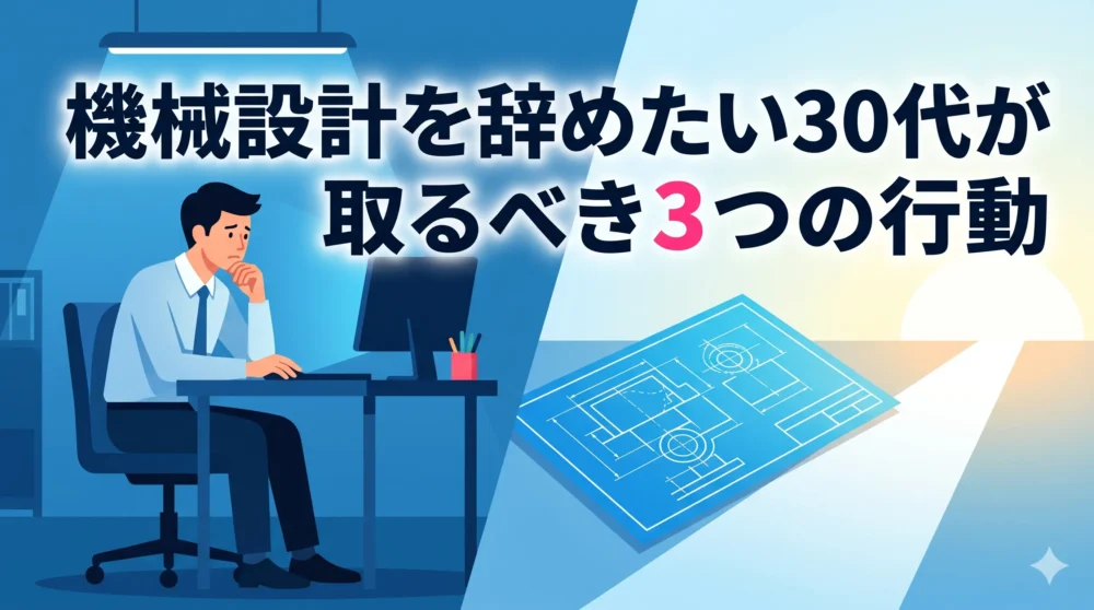 「機械設計を辞めたい30代が取るべき3つの行動」という文字が入った、悩める30代エンジニアと未来の可能性を描いたアイキャッチ画像