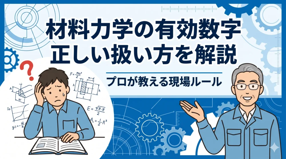 ブログ記事「材料力学の有効数字、正しい扱い方を解説」のアイキャッチ画像。計算の桁数に悩む若手設計者と、優しく教えるベテラン設計者のイラスト。