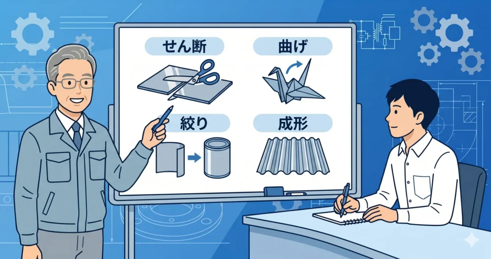 プレス加工の基本である4つの種類（せん断、曲げ、絞り、成形）をホワイトボードで分かりやすく図解・解説するイラスト